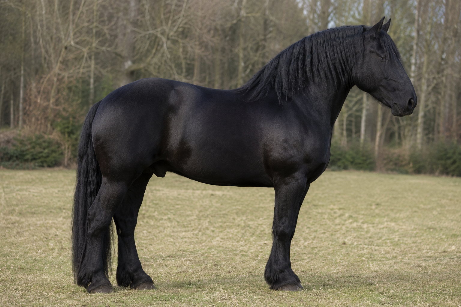 Cheval de trait Percheron noir en pied dans un pré
