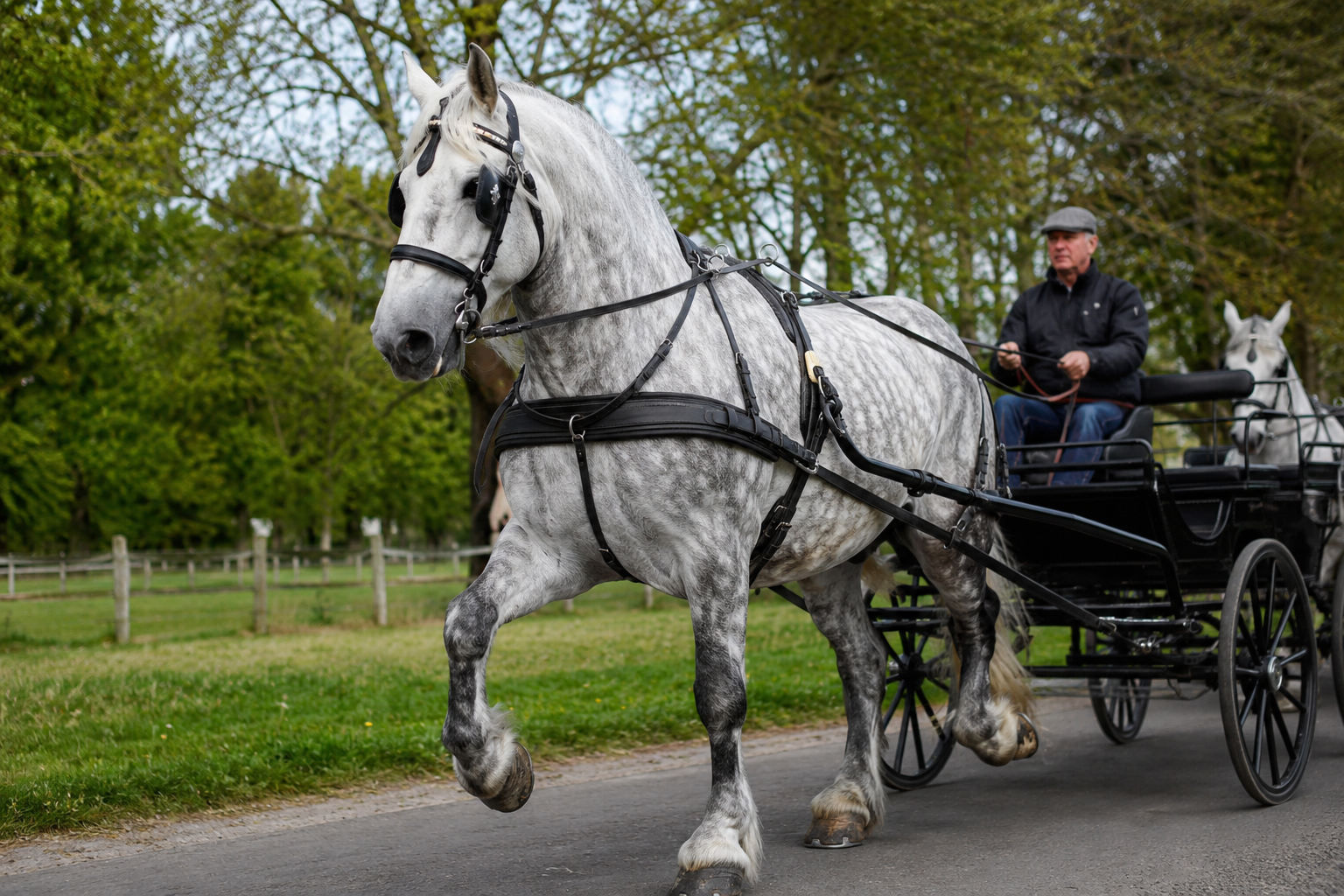 Cheval de trait Percheron gris en attelage