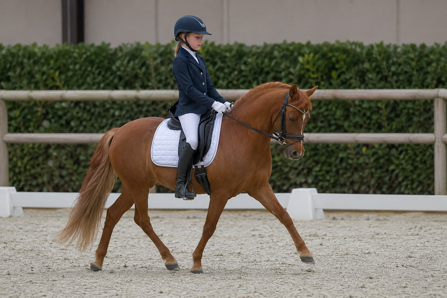Poney Français de Selle alezan monté en dressage poney