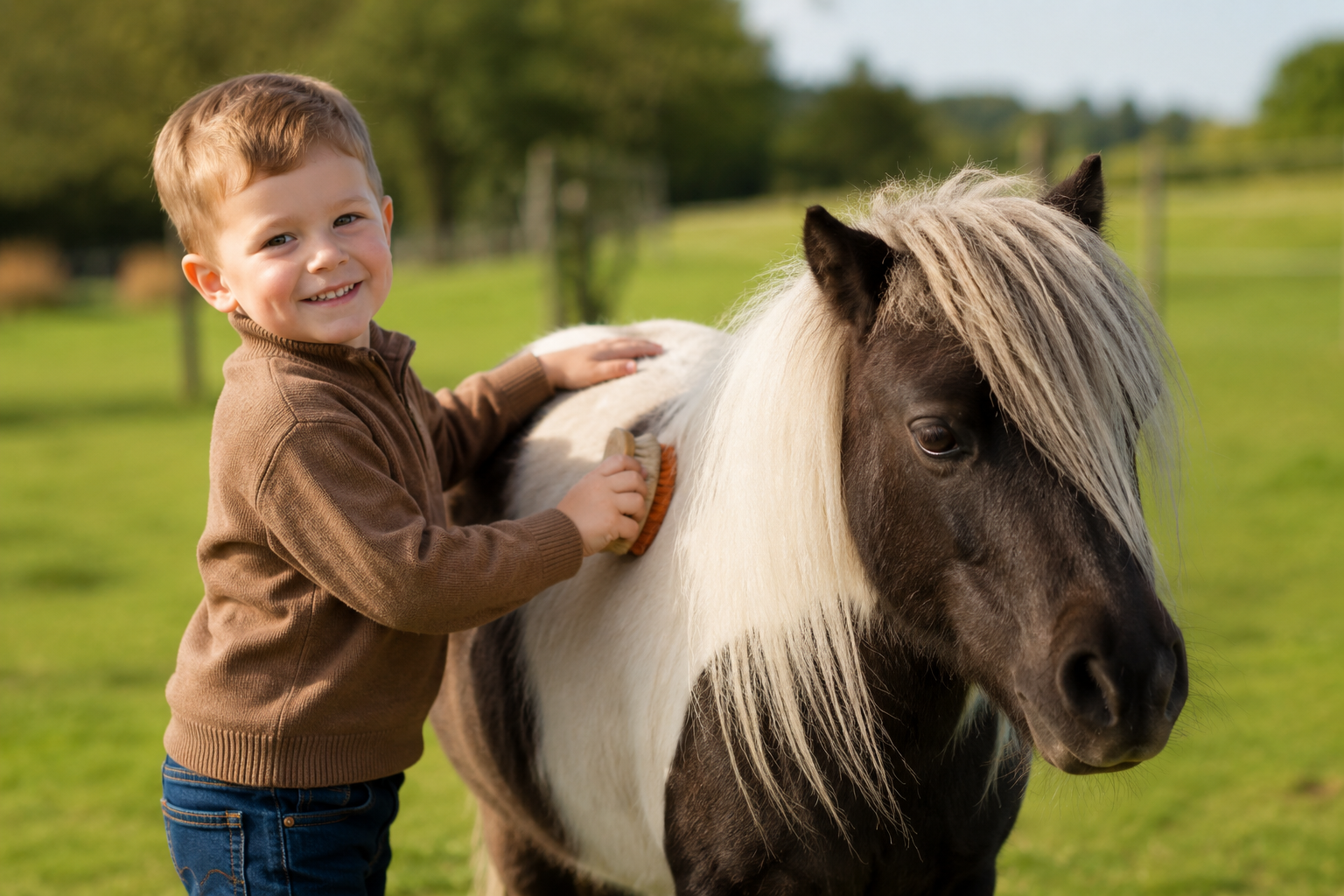 Jeune enfant à côté d'un poney nain pie