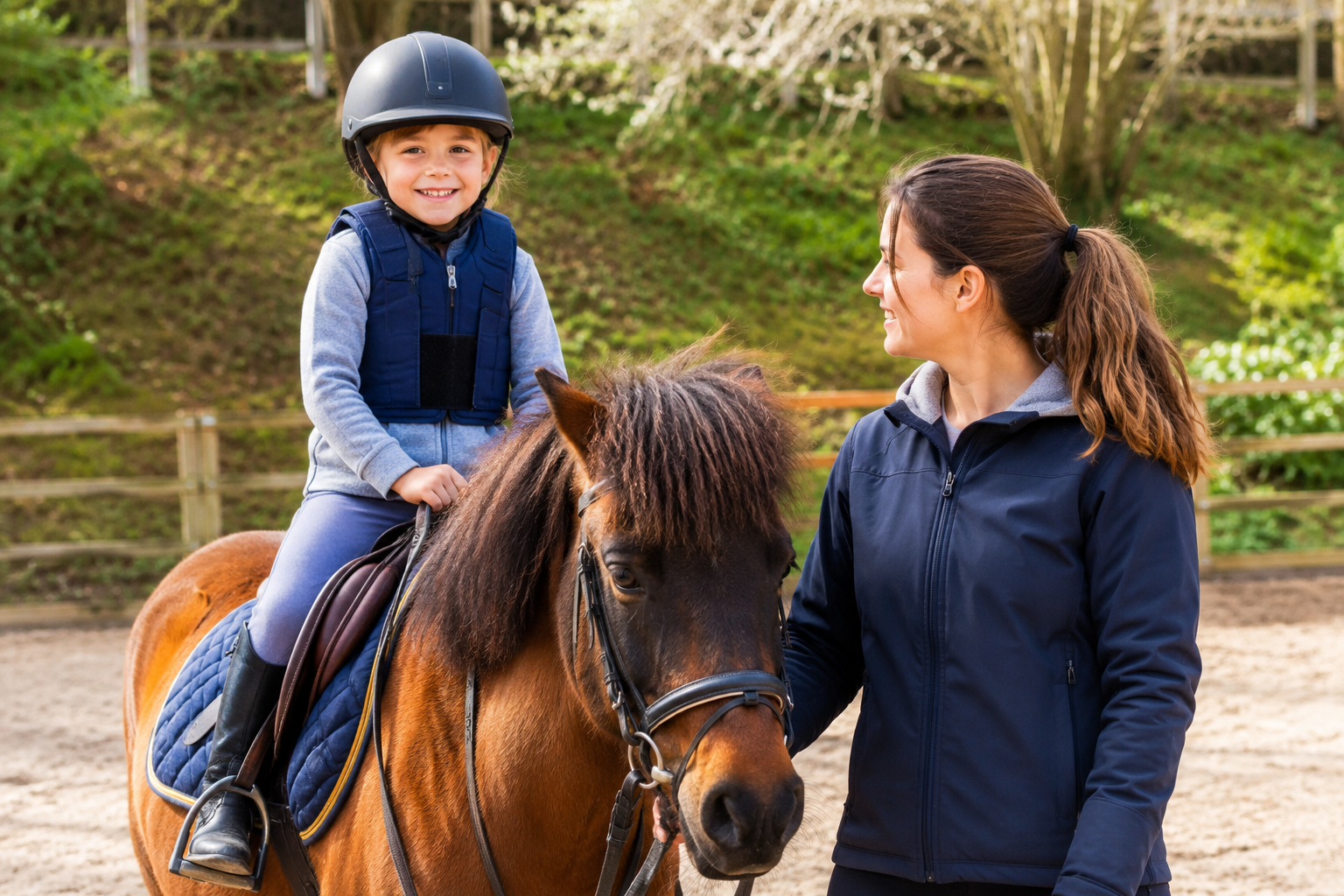 Enfant montant un poney Pottok en poney club