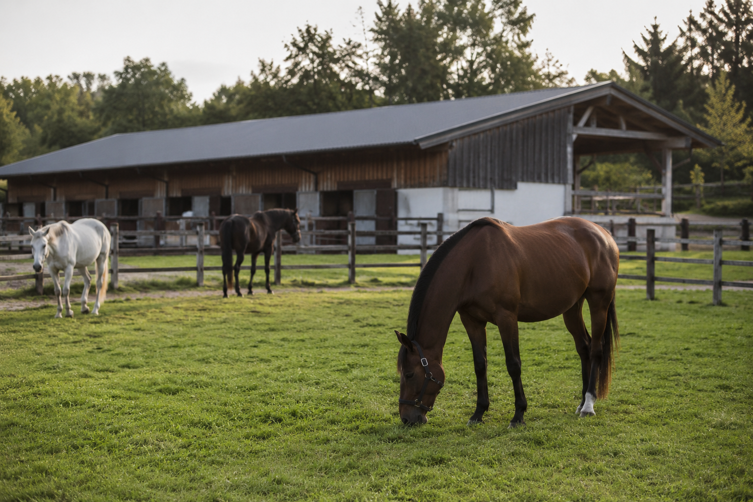 Chevaux au pré dans une pension équestre
