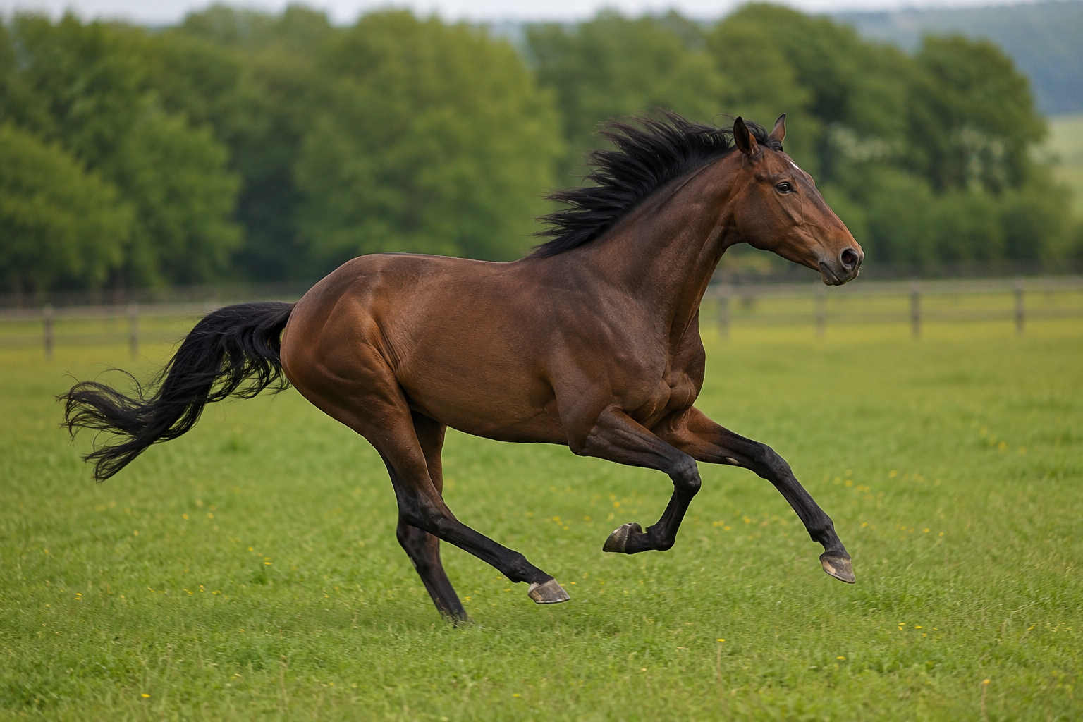 Pur-sang anglais bai au galop dans un pré, silhouette fine