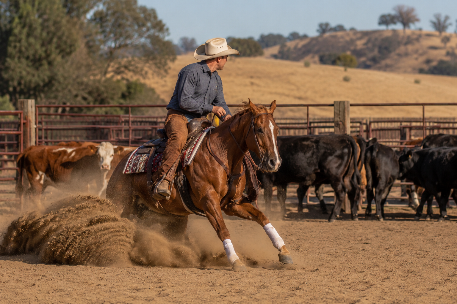 Quarter Horse monté en équitation western, travail du bétail