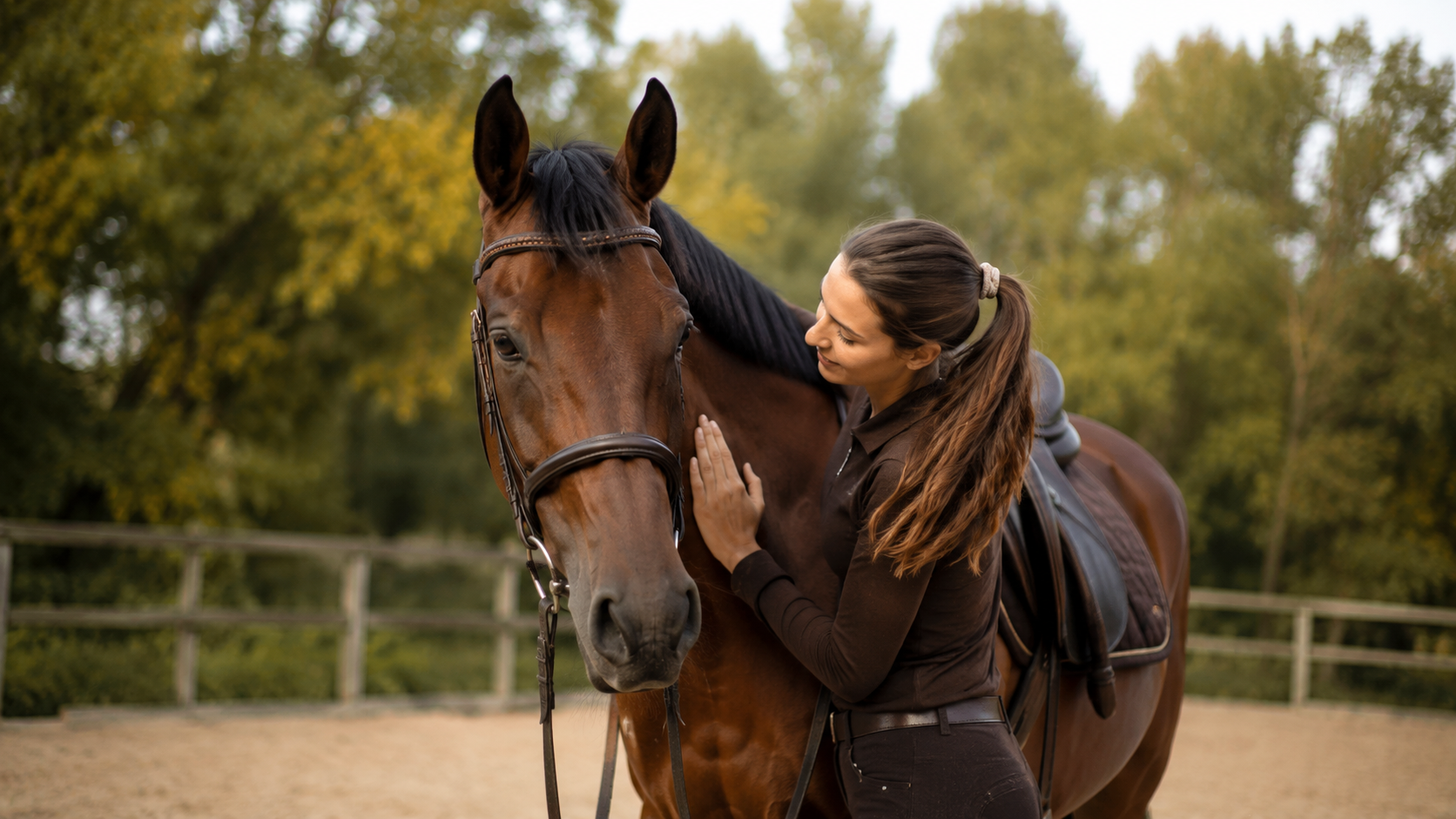 Cavalière récompensant son cheval d'une caresse à l'encolure