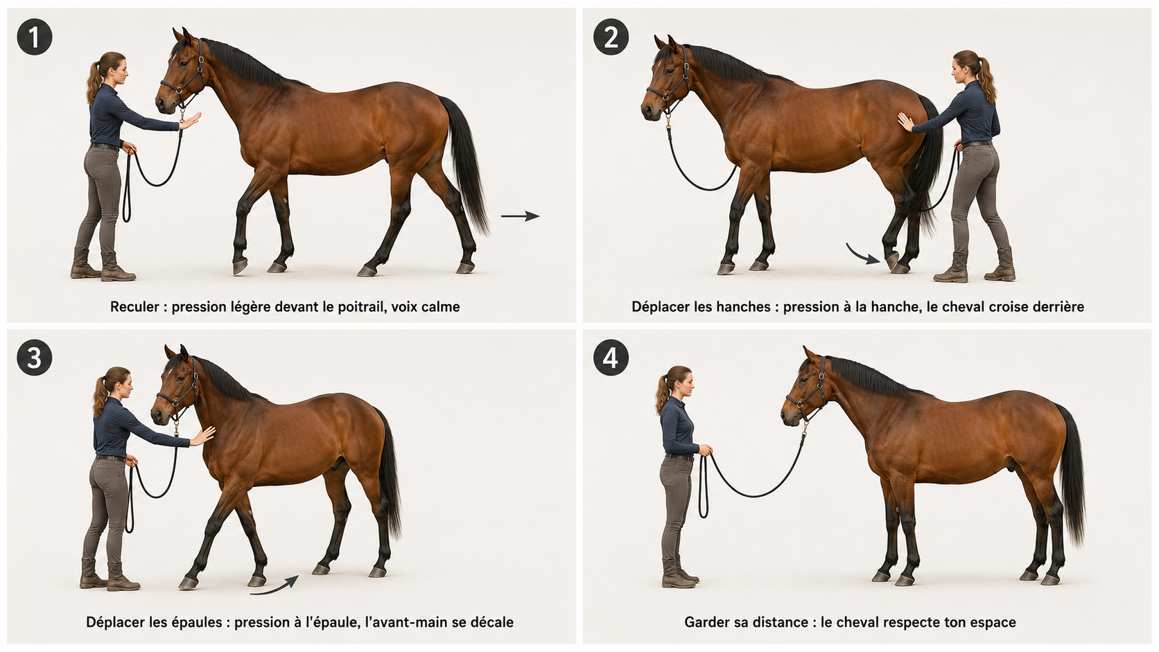 Planche en 4 étapes pour reculer et déplacer son cheval à pied