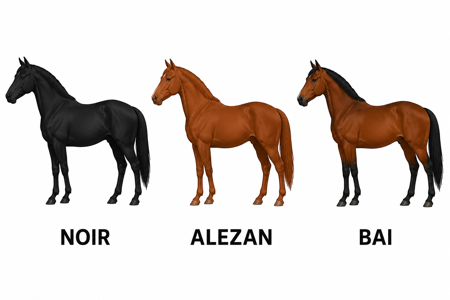 Les trois robes de base du cheval : noir, alezan et bai