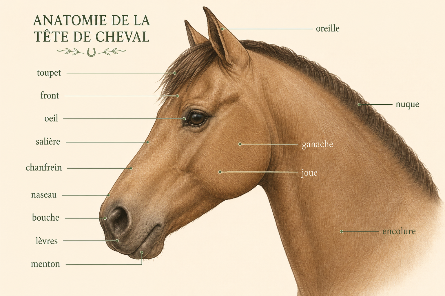 Les parties de la tête du cheval, vue de profil et légendée