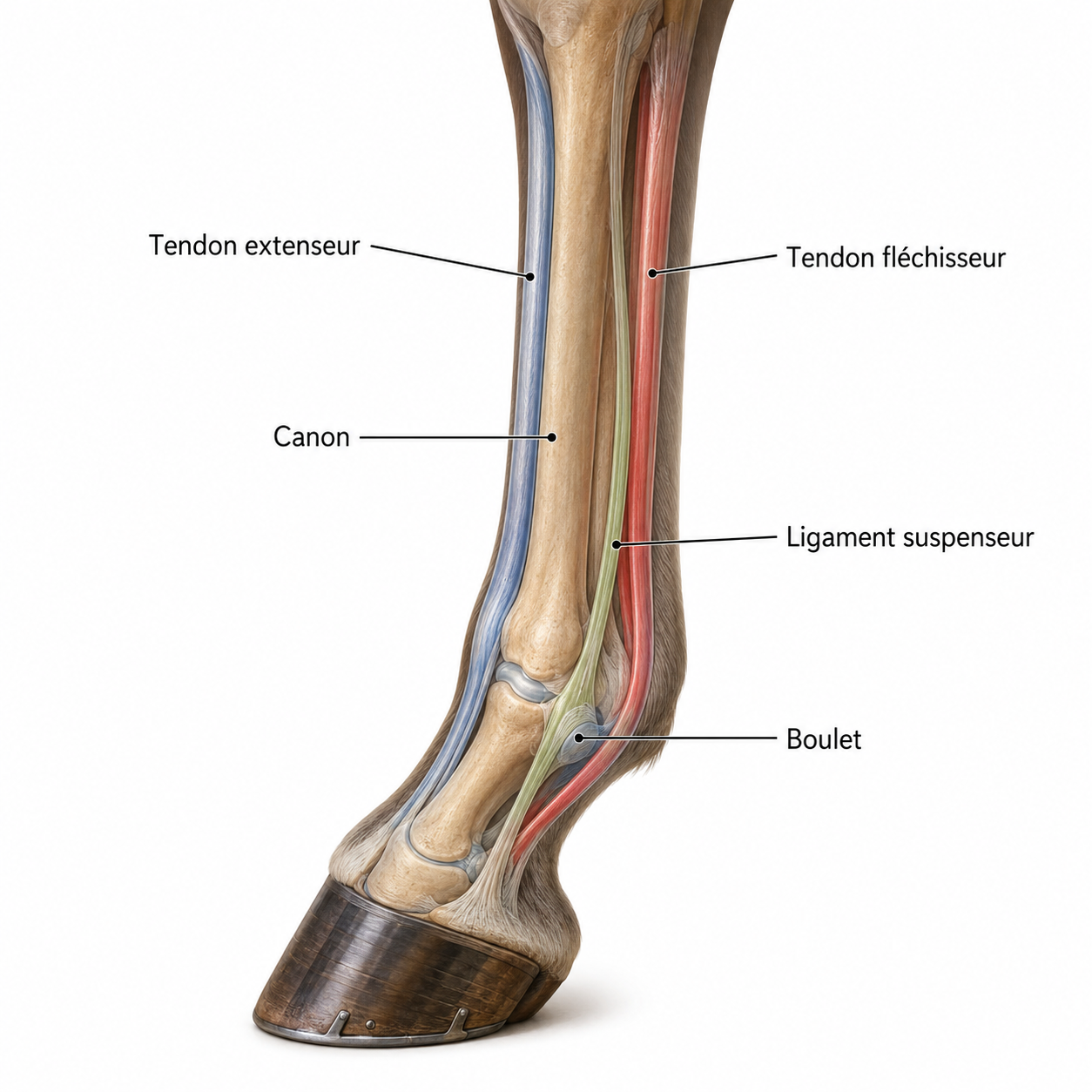 Schéma des tendons du bas de la jambe du cheval : tendon extenseur, fléchisseur, ligament suspenseur