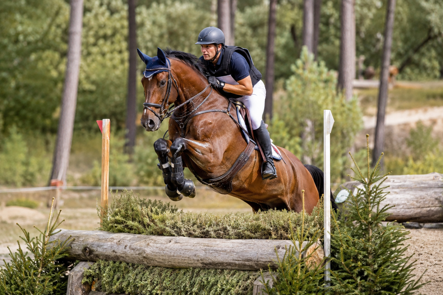 Cheval Selle Français bai en cross de concours complet