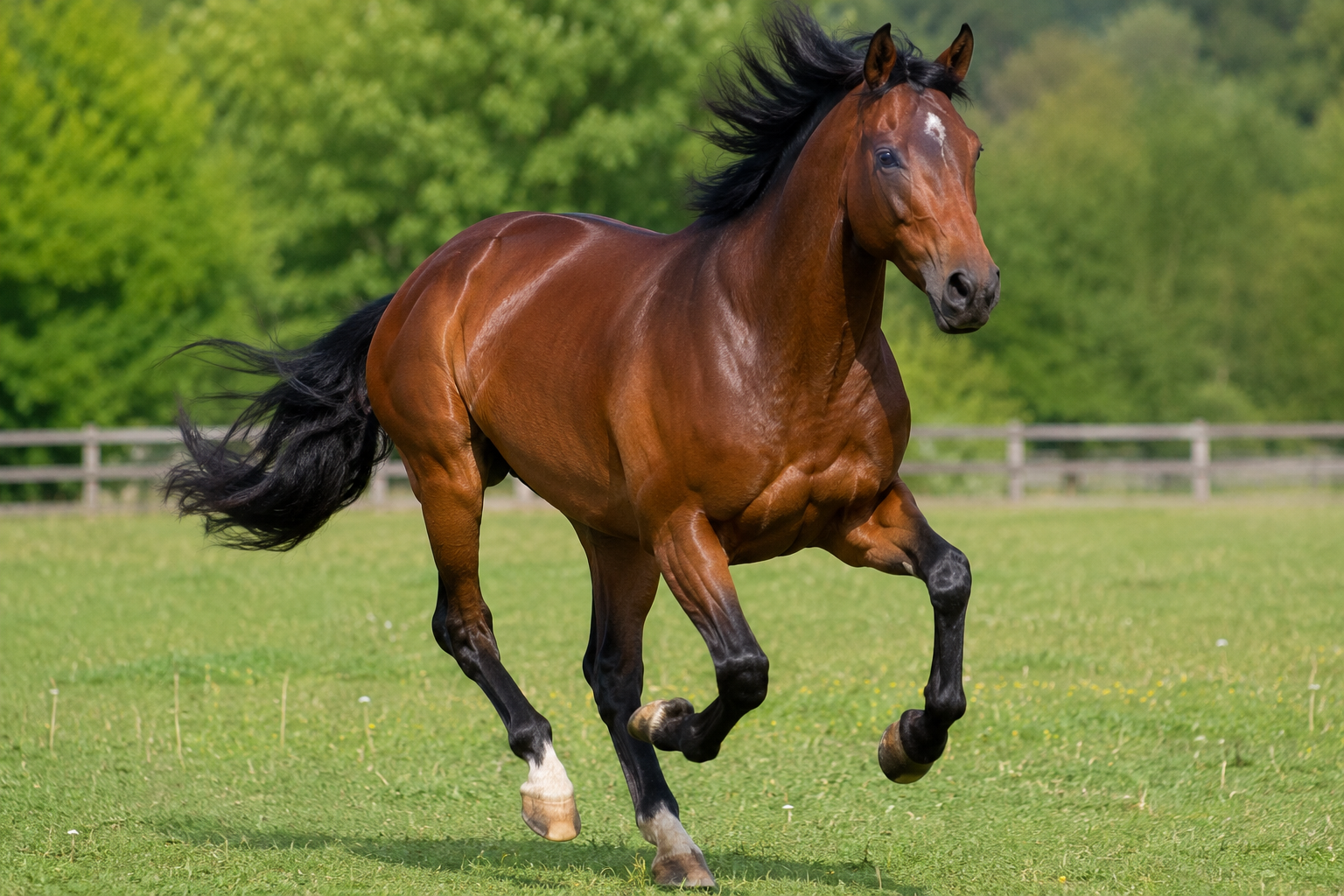 Cheval Selle Français bai au galop en liberté dans un pré