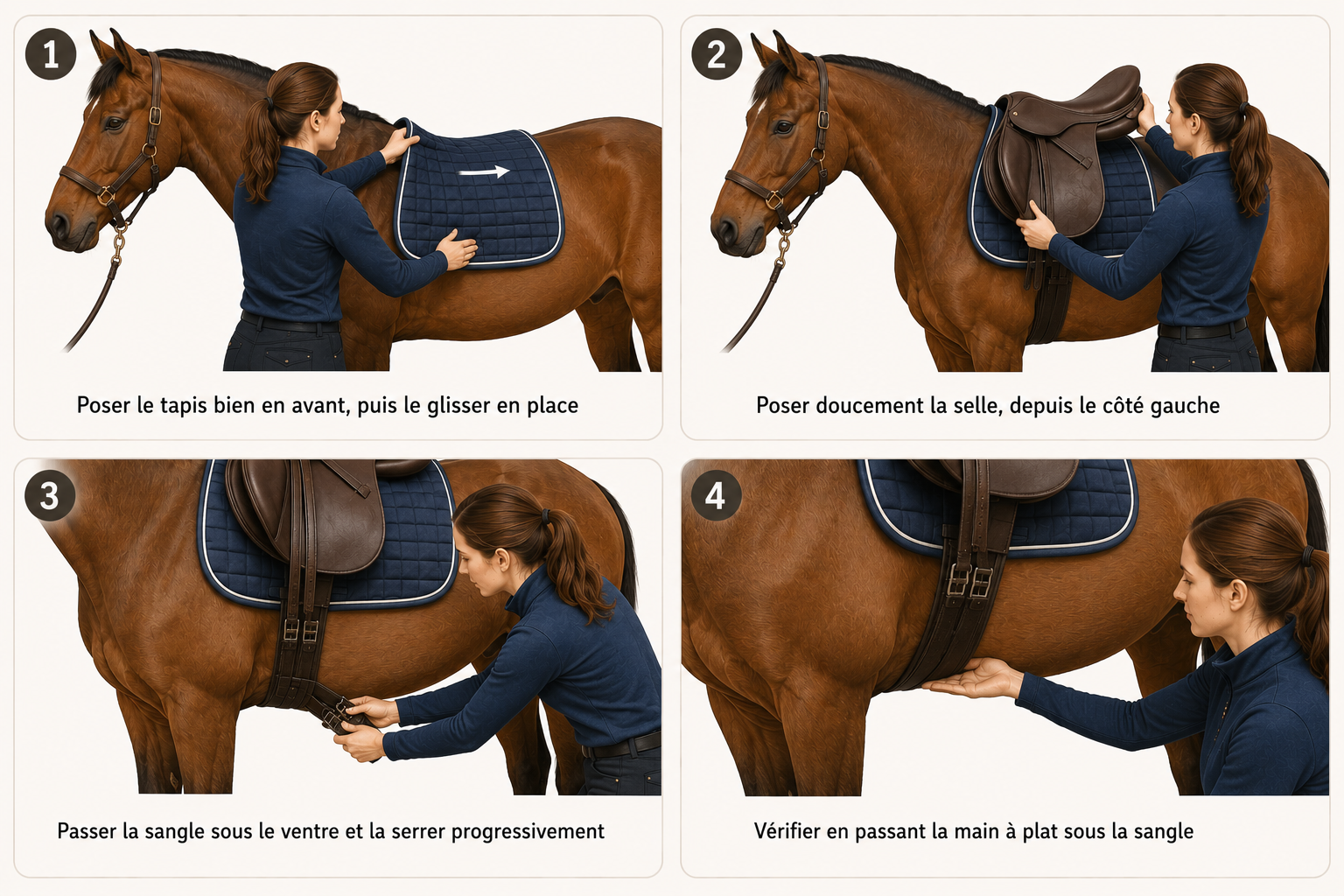 Planche en 4 étapes pour seller un cheval : poser le tapis, poser la selle, sangler, vérifier