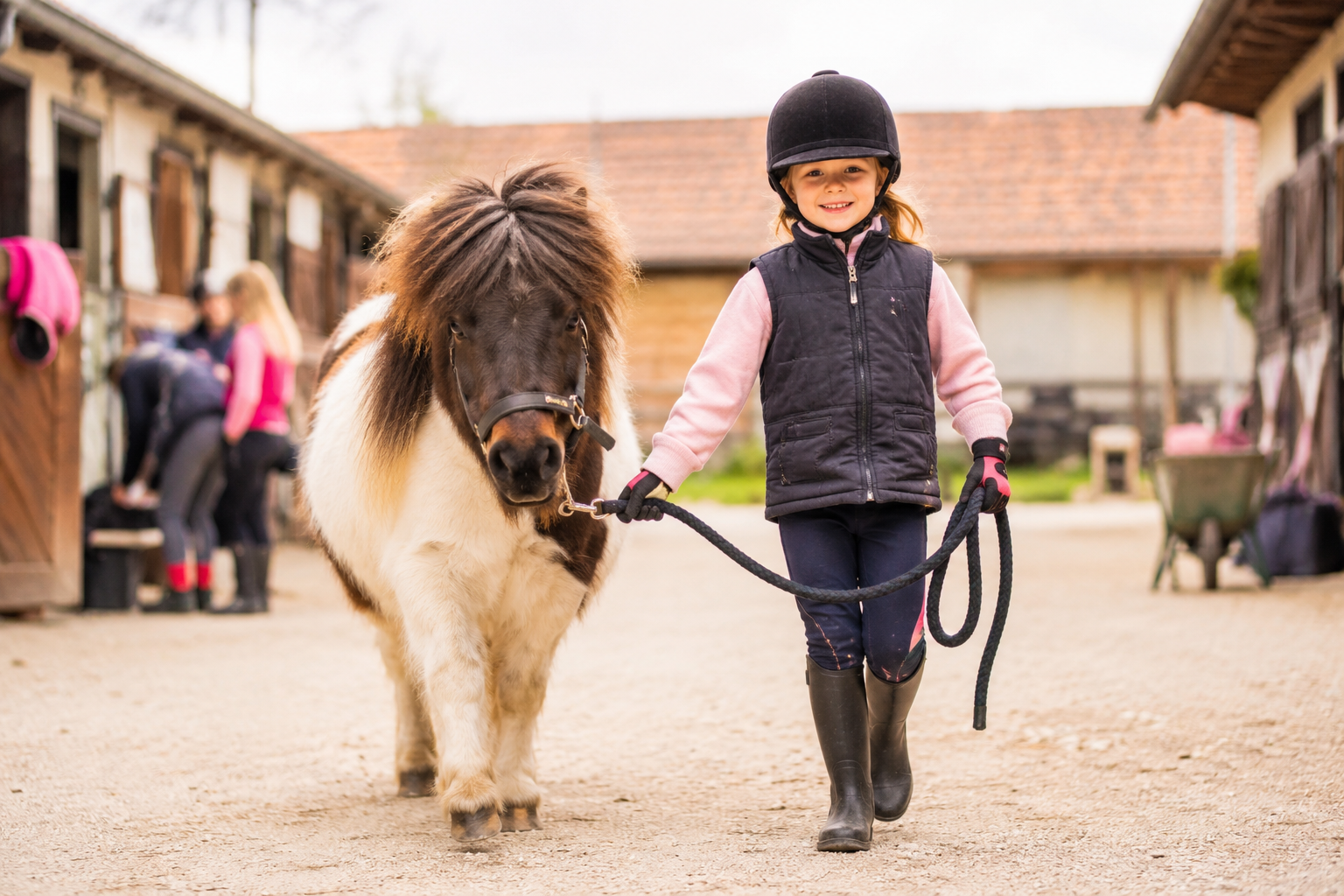 Jeune enfant menant un poney shetland en poney-club