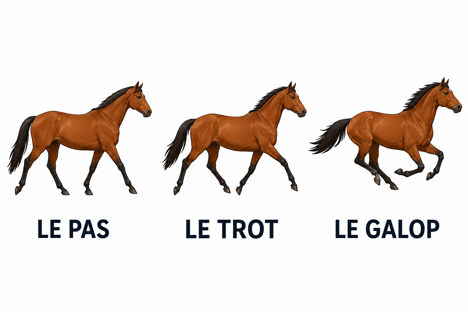 Les trois allures du cheval : le pas, le trot et le galop