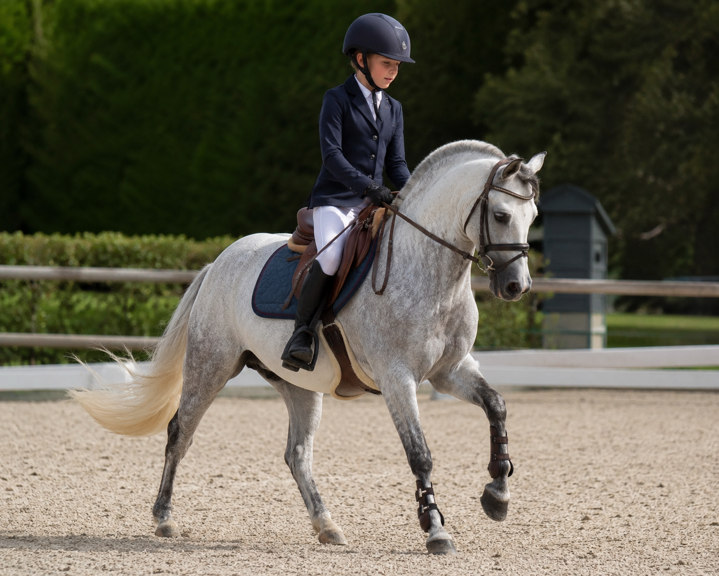 Poney Welsh monté par un enfant en concours