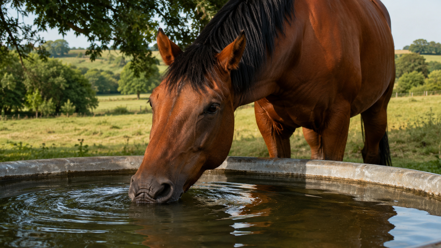 Cheval qui boit dans un bac d'eau fraiche par forte chaleur