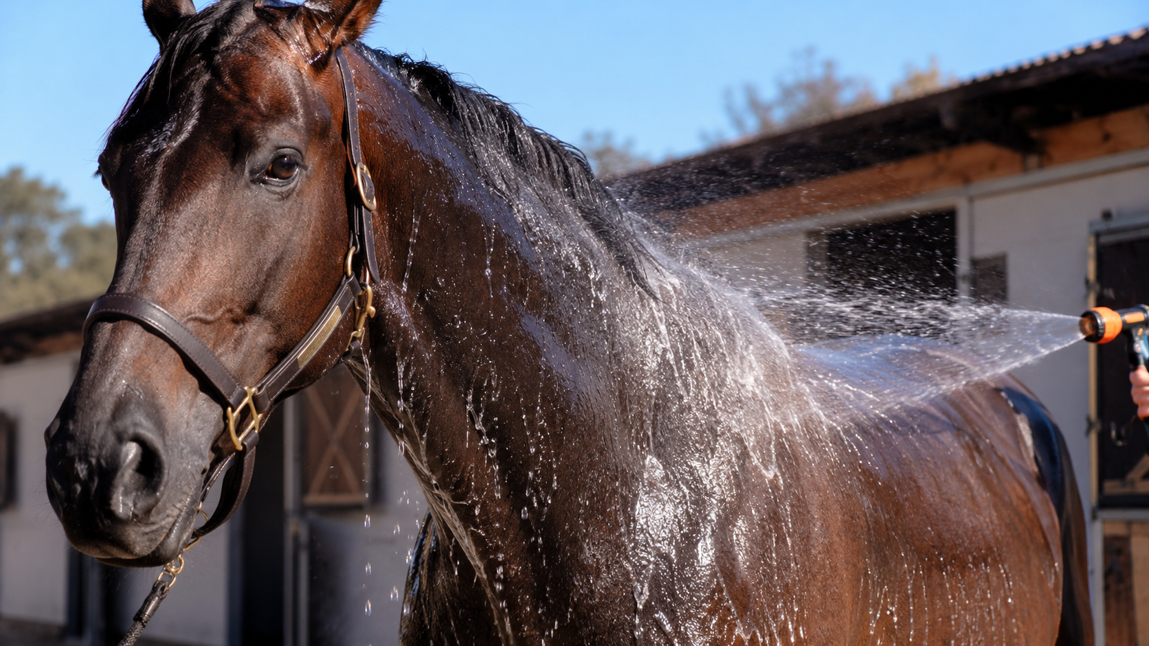 Cheval douche a l'eau froide au jet, l'eau ruisselle sur l'encolure