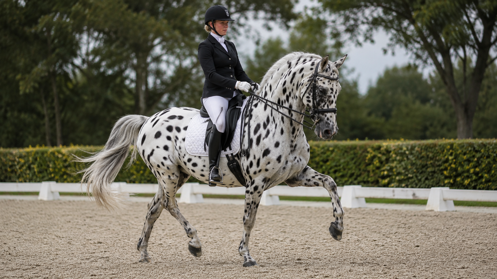 Cheval Knabstrup a la robe tachetee monte en dressage