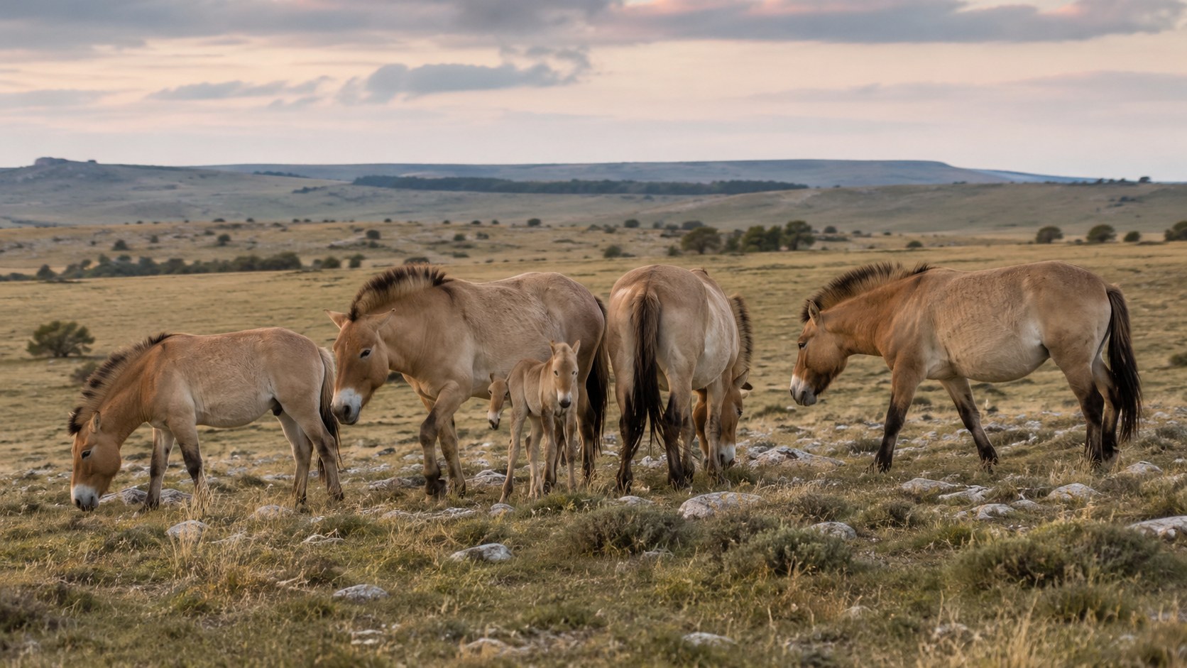 Harem de chevaux de Przewalski avec un poulain broutant sur un plateau herbeux