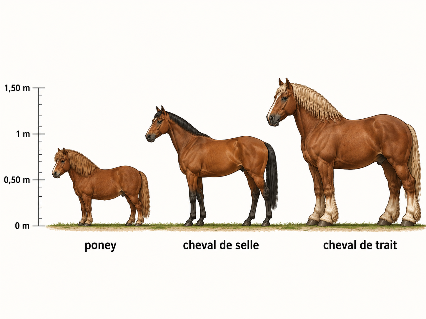 Comparatif de taille au garrot entre un poney, un cheval de selle et un cheval de trait