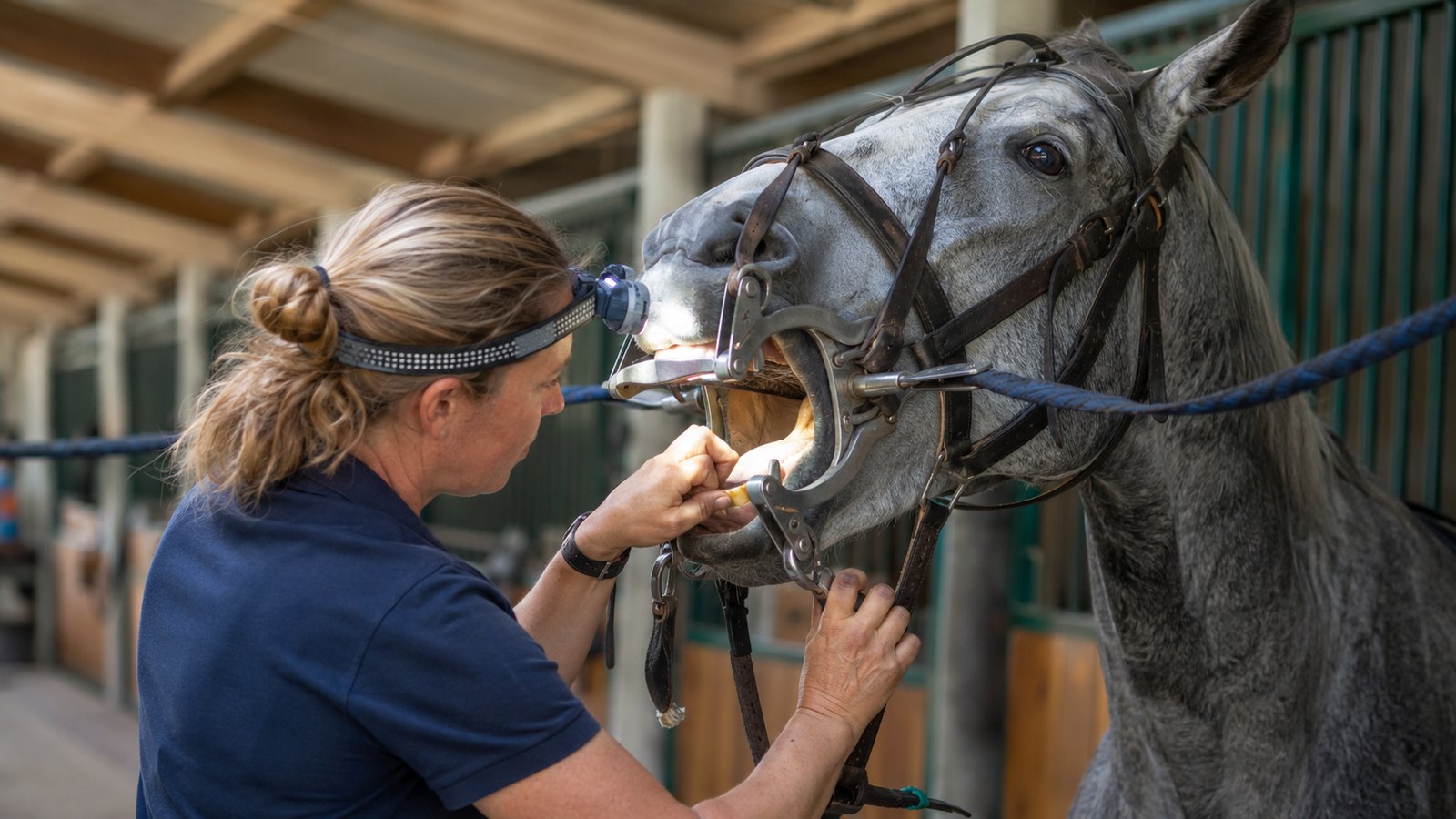 Dentiste équin examinant la bouche d’un cheval équipé d’un pas-d’âne