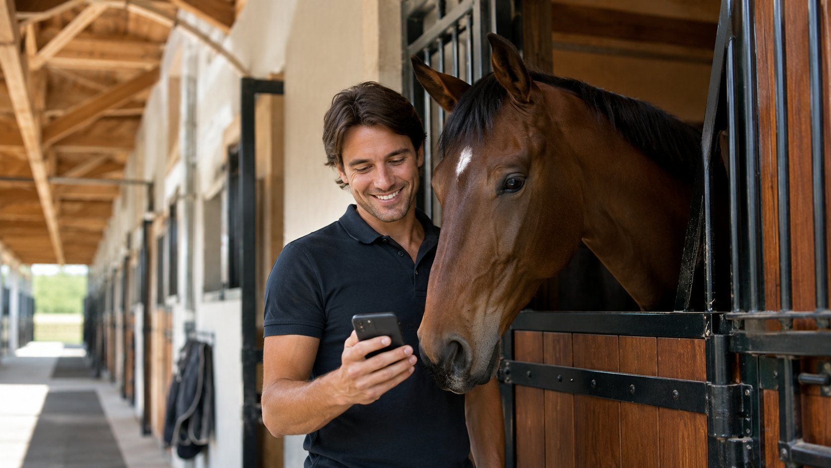 Cavalier vérifiant ses résultats de concours sur téléphone devant le box de son cheval