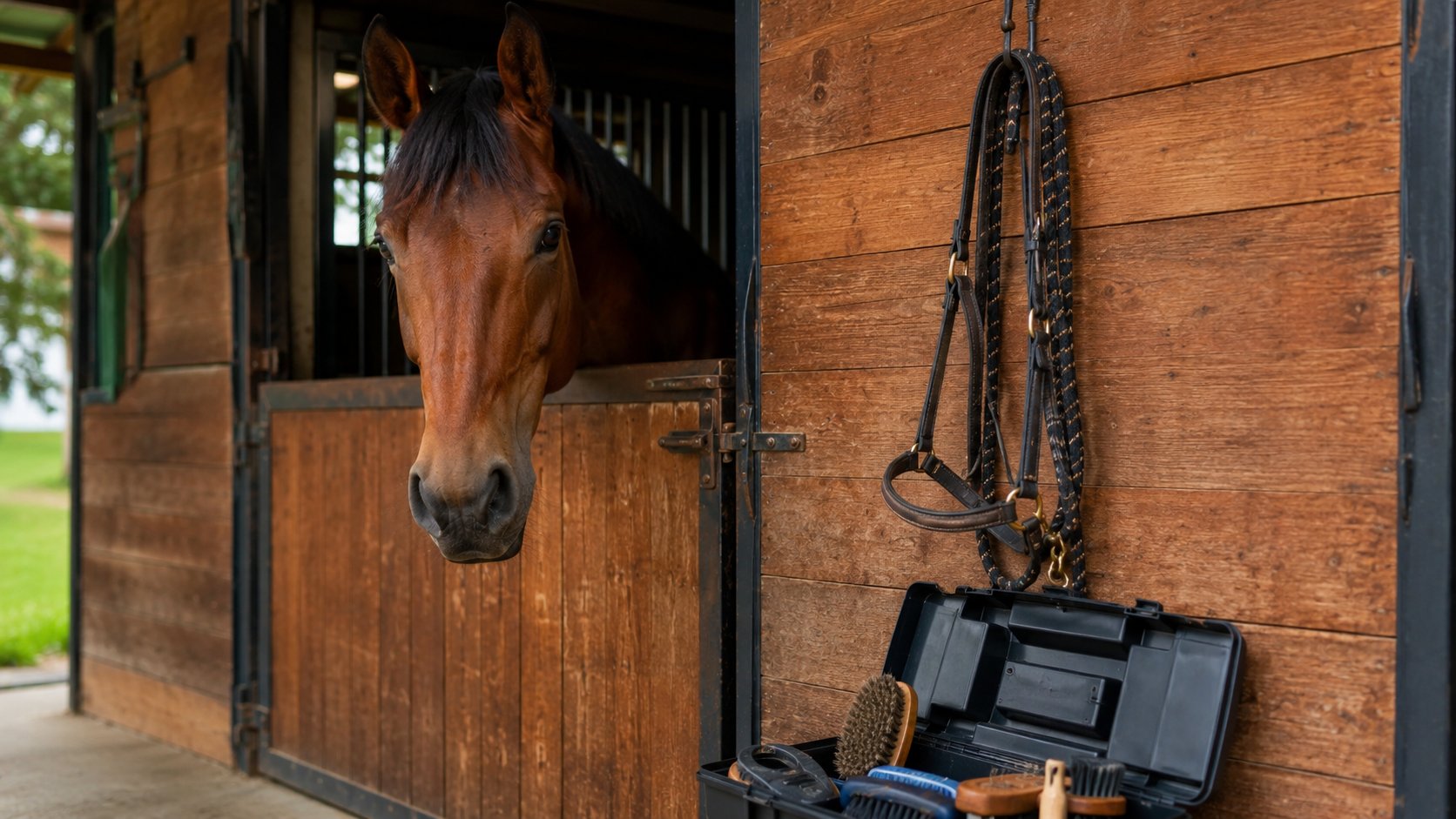 Licol, longe et boîte de pansage devant le box d'un cheval