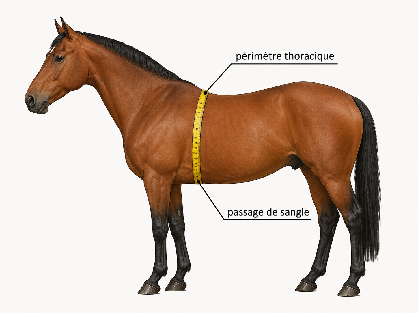 Schéma montrant où mesurer le périmètre thoracique d’un cheval au passage de sangle