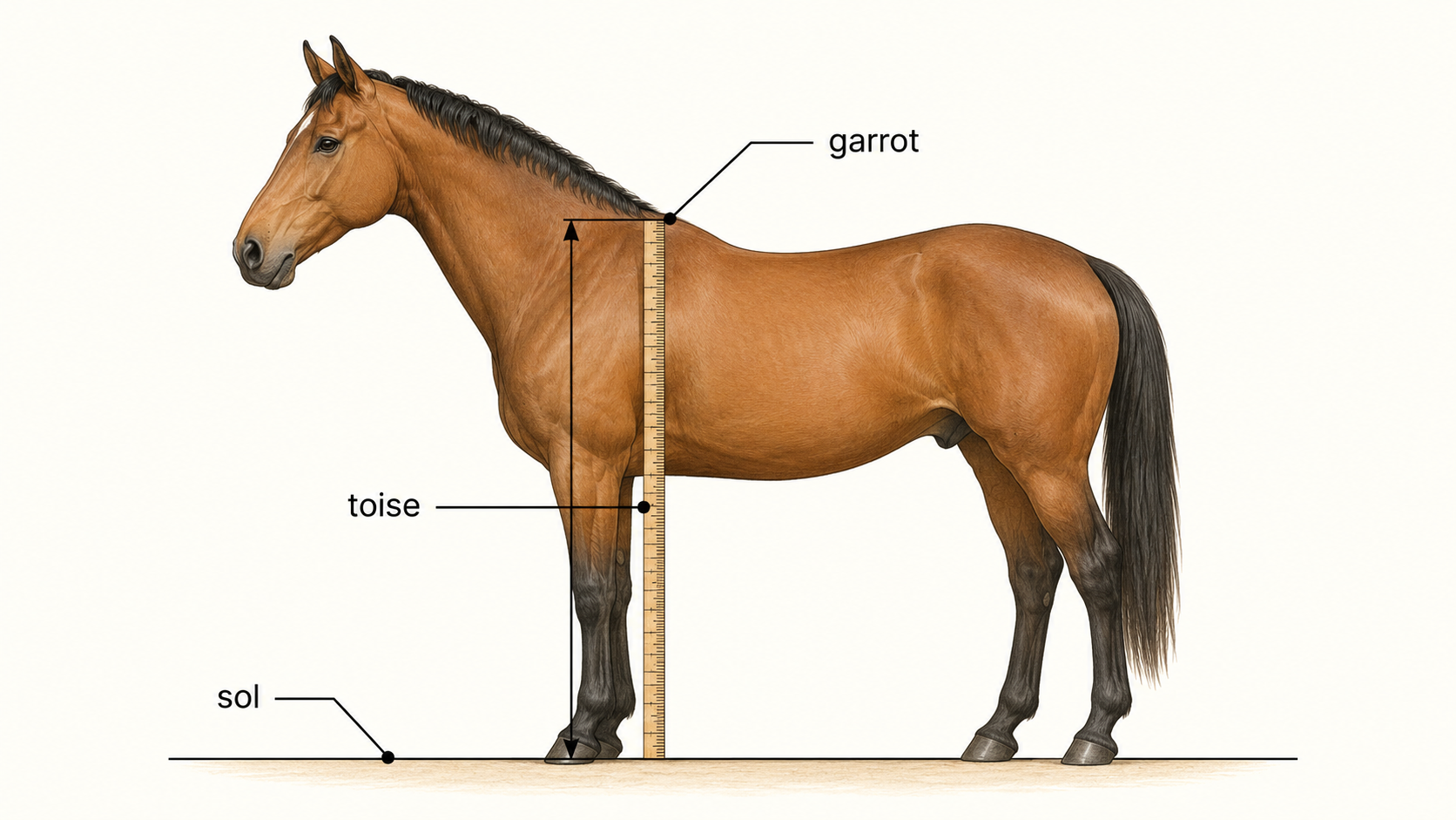 Schéma montrant comment mesurer la taille au garrot d’un cheval à la toise