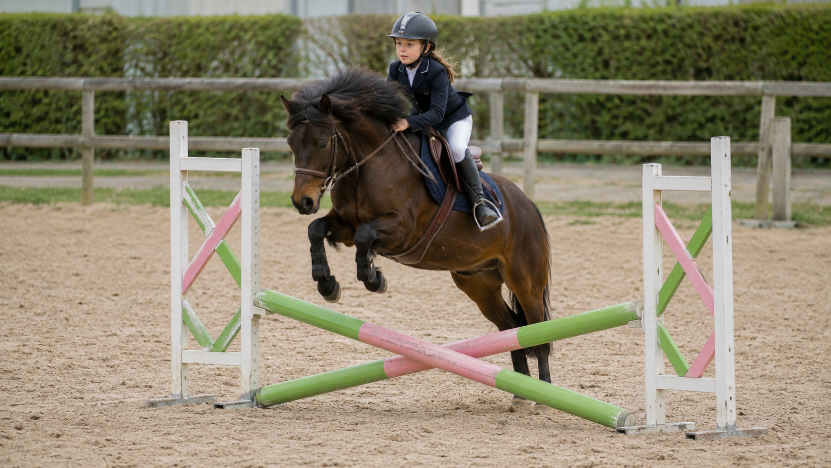 Enfant à poney Dartmoor bai franchissant un petit obstacle en concours