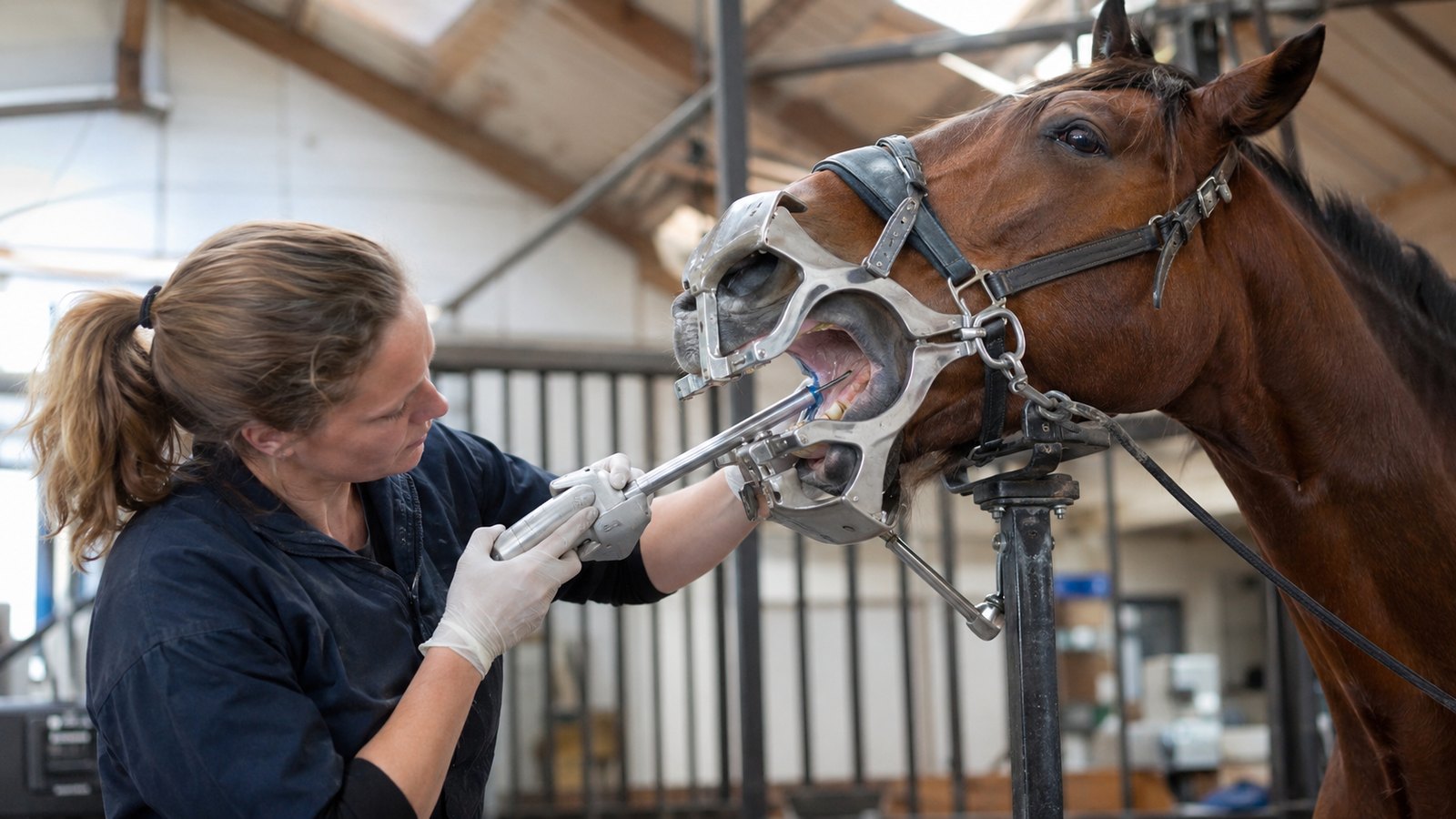 Râpage dentaire d’un cheval à la râpe électrique par un professionnel