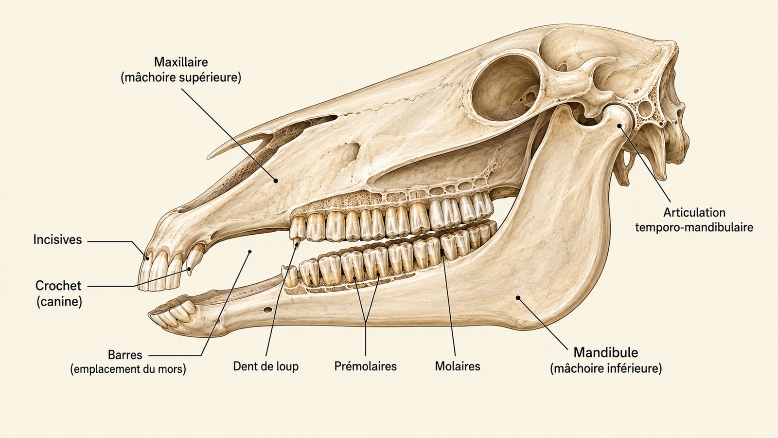 Schéma légendé de la dentition du cheval sur un crâne vu de profil : incisives, crochet, barres, dent de loup, prémolaires et molaires