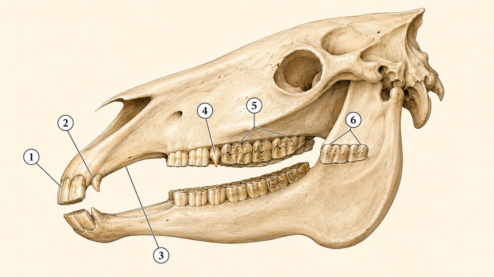 Schéma muet numéroté de la dentition du cheval à compléter, repères 1 à 6
