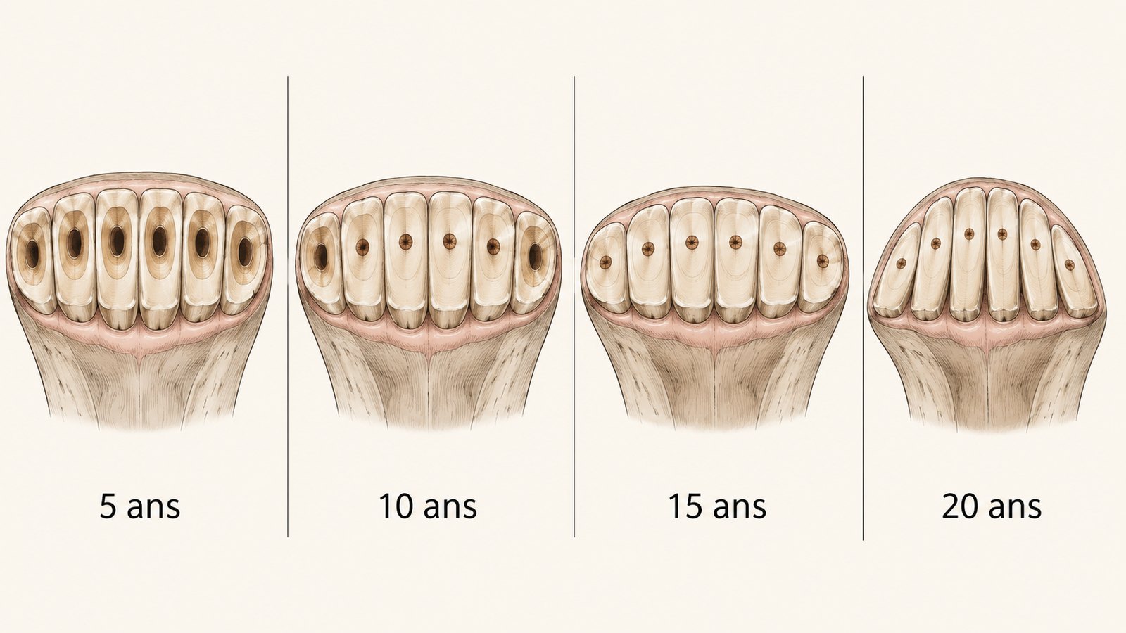 Planche comparative de la table dentaire des incisives du cheval à 5, 10, 15 et 20 ans