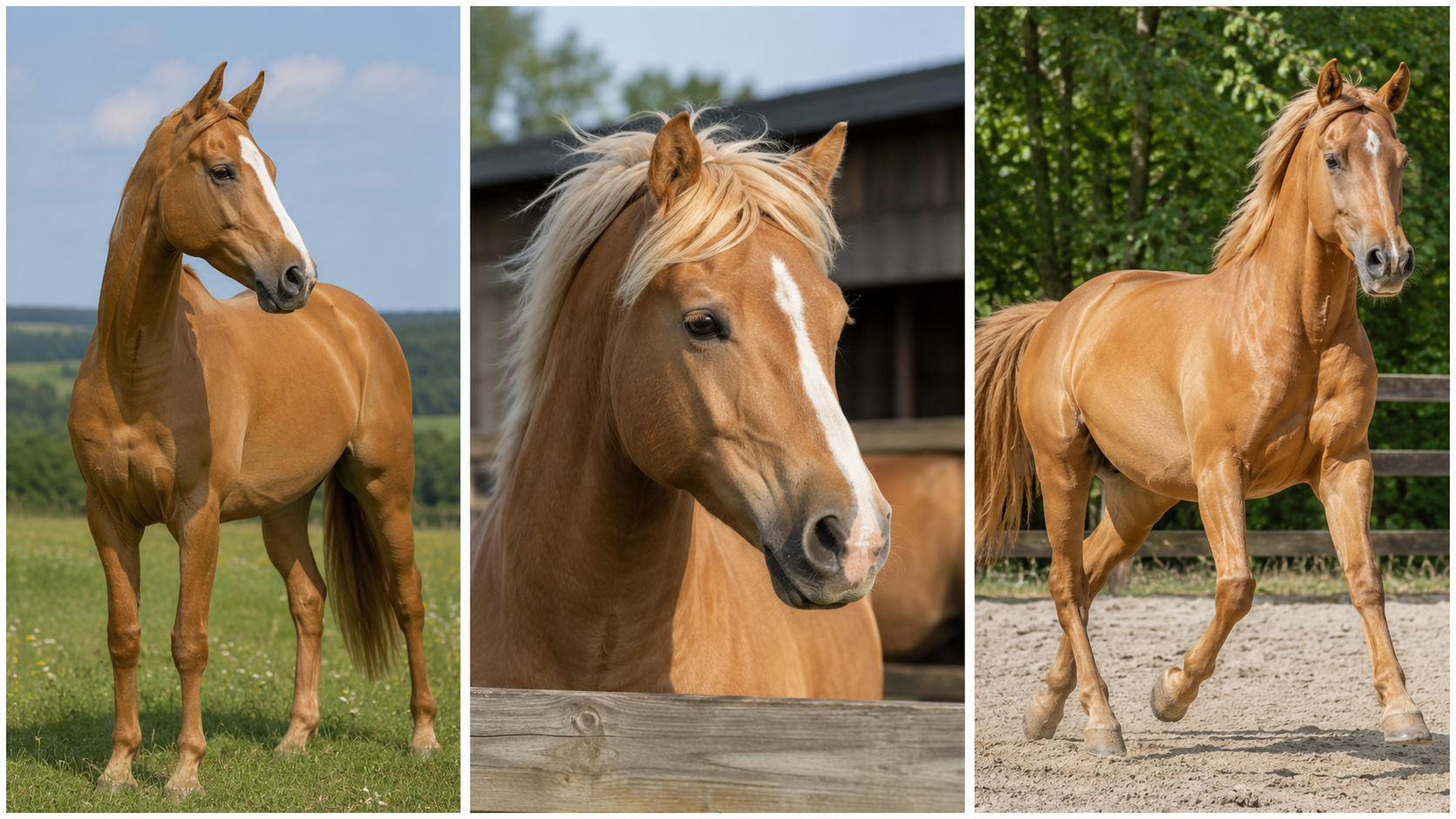Trois chevaux alezan clair à la robe rousse dorée
