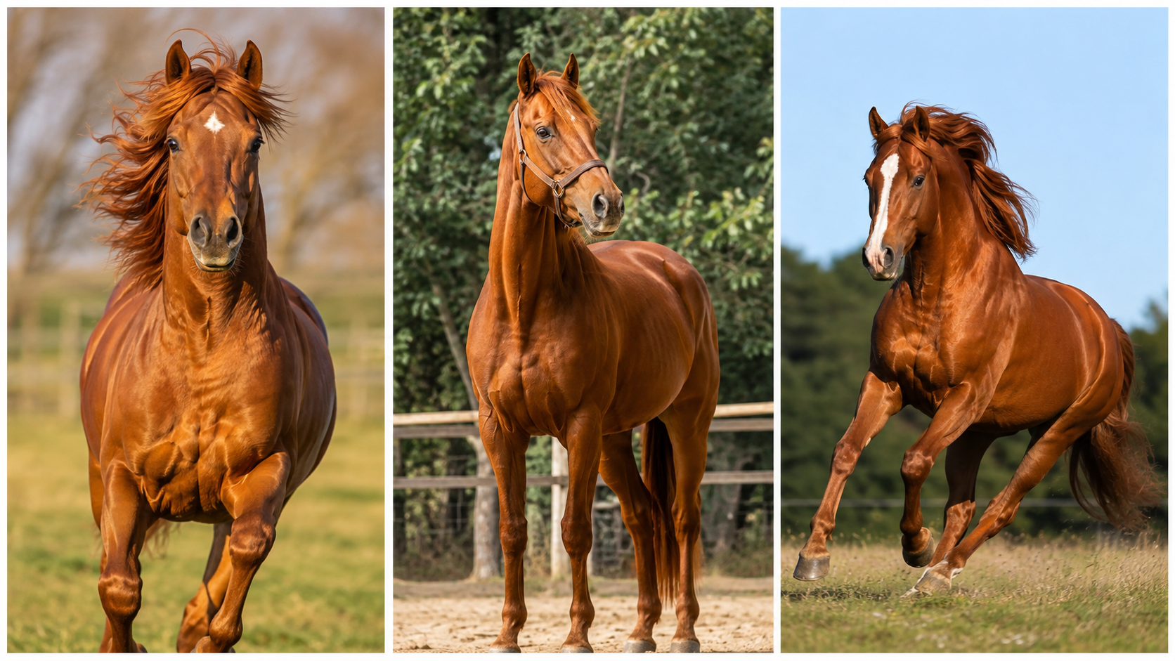 Trois chevaux alezan cuivré aux reflets rouges