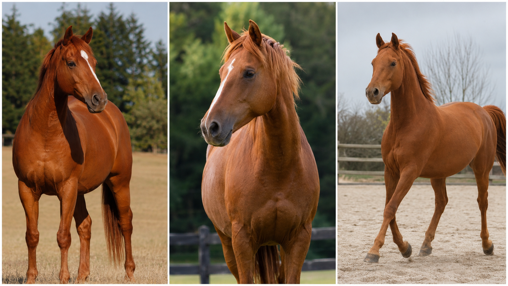 Trois chevaux alezans à la robe rousse franche