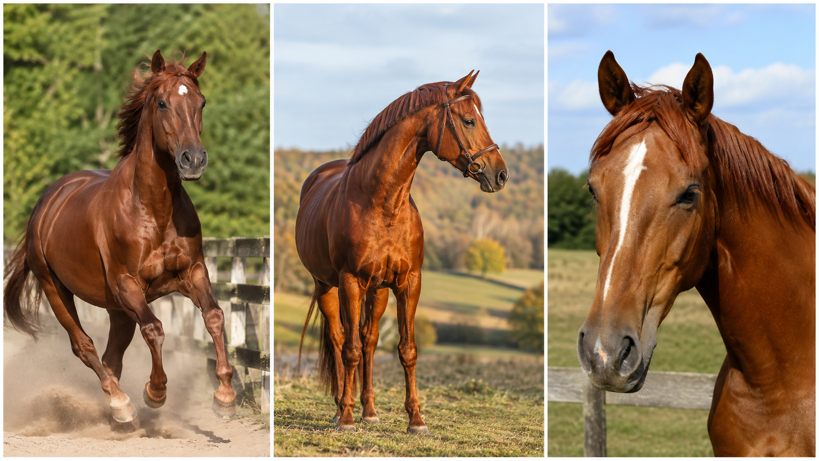 Trois chevaux alezan foncé à la robe roux brun soutenu