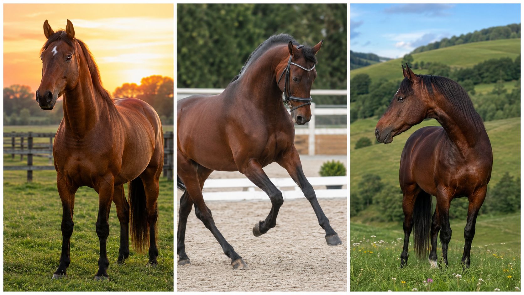 Trois chevaux bai cerise au corps acajou et aux extrémités noires