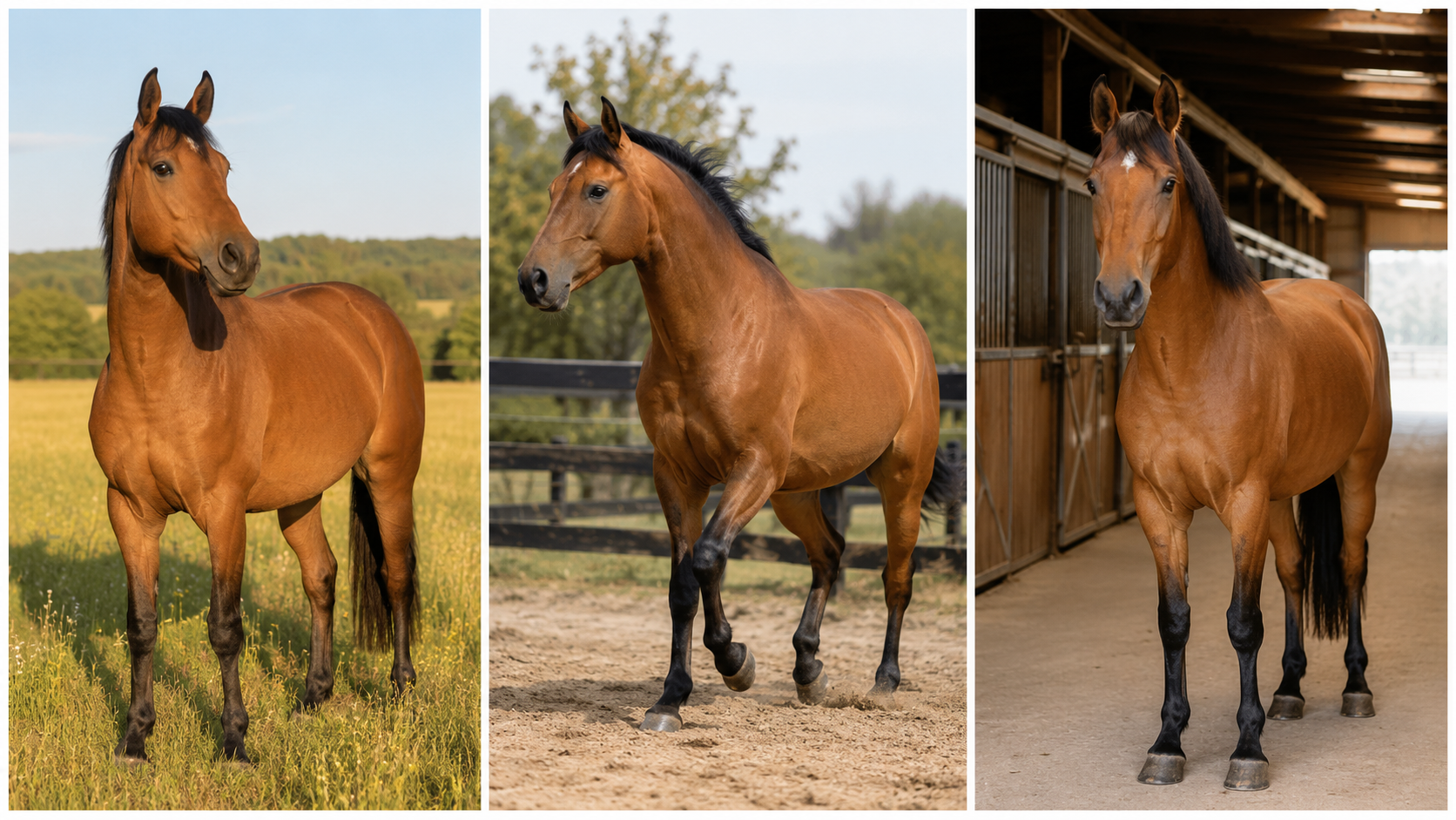 Trois chevaux bai clair au corps brun clair et aux extrémités noires