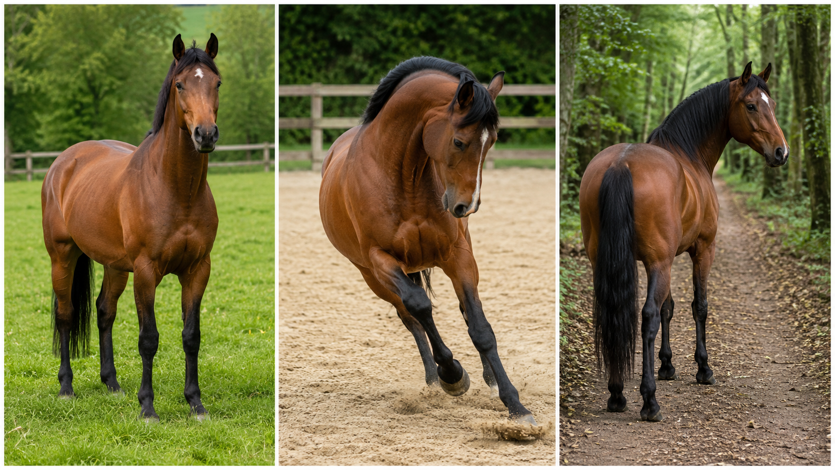 Trois chevaux bais classiques au corps brun soutenu et aux extrémités noires