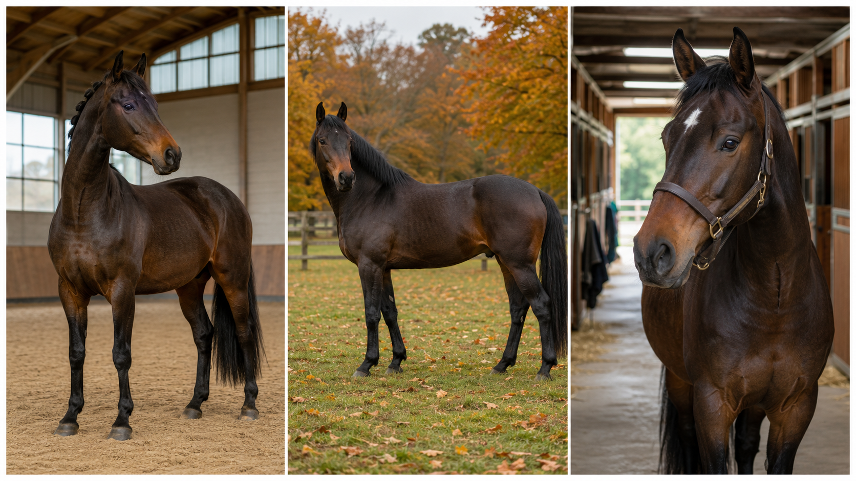 Trois chevaux bai foncé au corps brun chocolat et aux extrémités noires