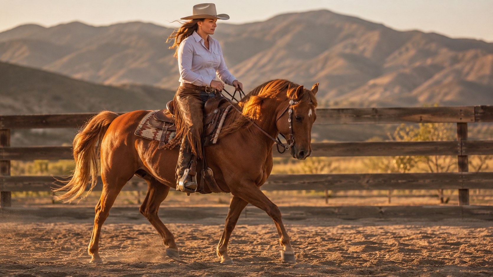 Cheval Morgan alezan monté en équitation western par une cavalière dans un ranch américain