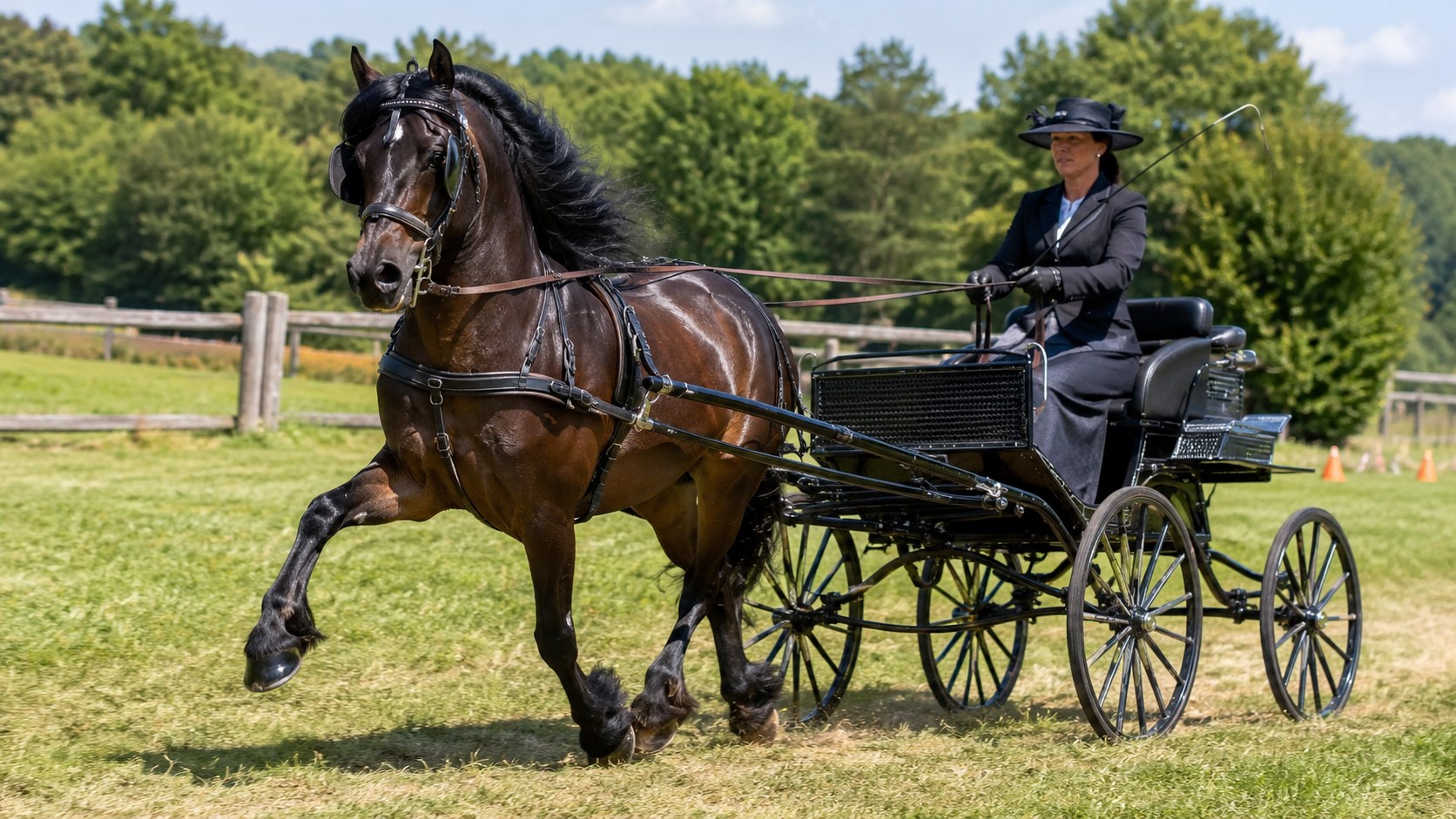 Cheval Morgan bai attelé à une voiture légère au trot relevé lors d'un concours d'attelage