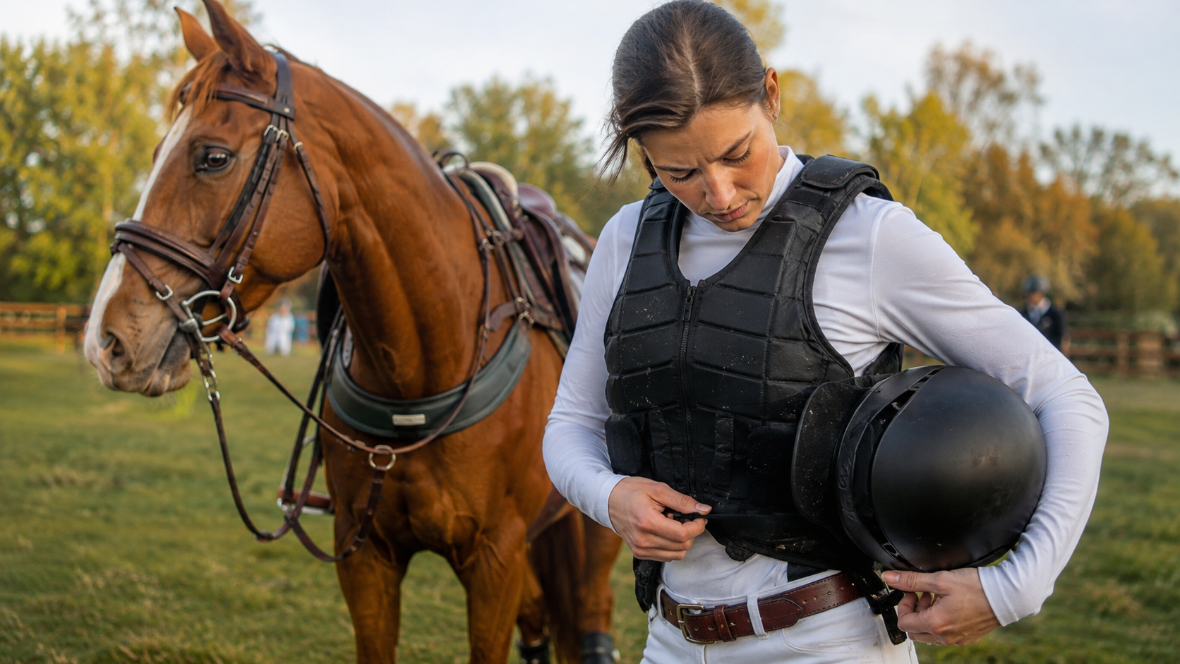 Cavalière ajustant son gilet de protection avant le départ du cross en concours complet