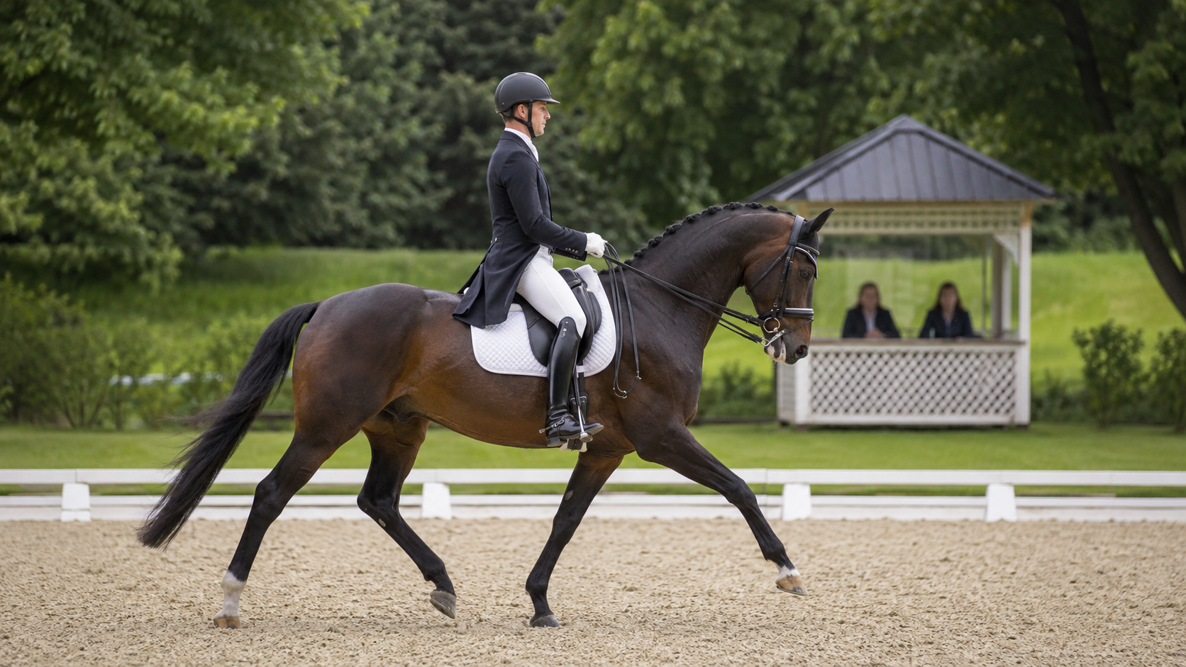 Reprise de dressage de concours complet devant le jury, cheval bai au trot