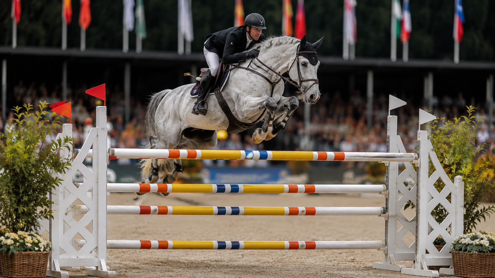 Test de saut d'obstacles du concours complet, cheval gris franchissant un oxer
