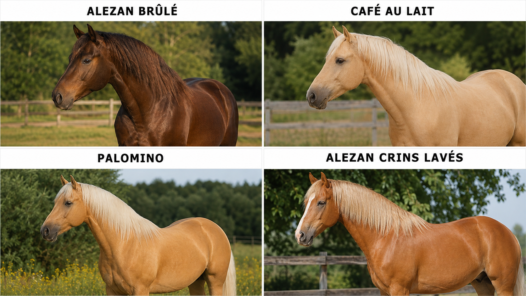 Planche comparative des robes alezan brûlé, café au lait, palomino et alezan crins lavés