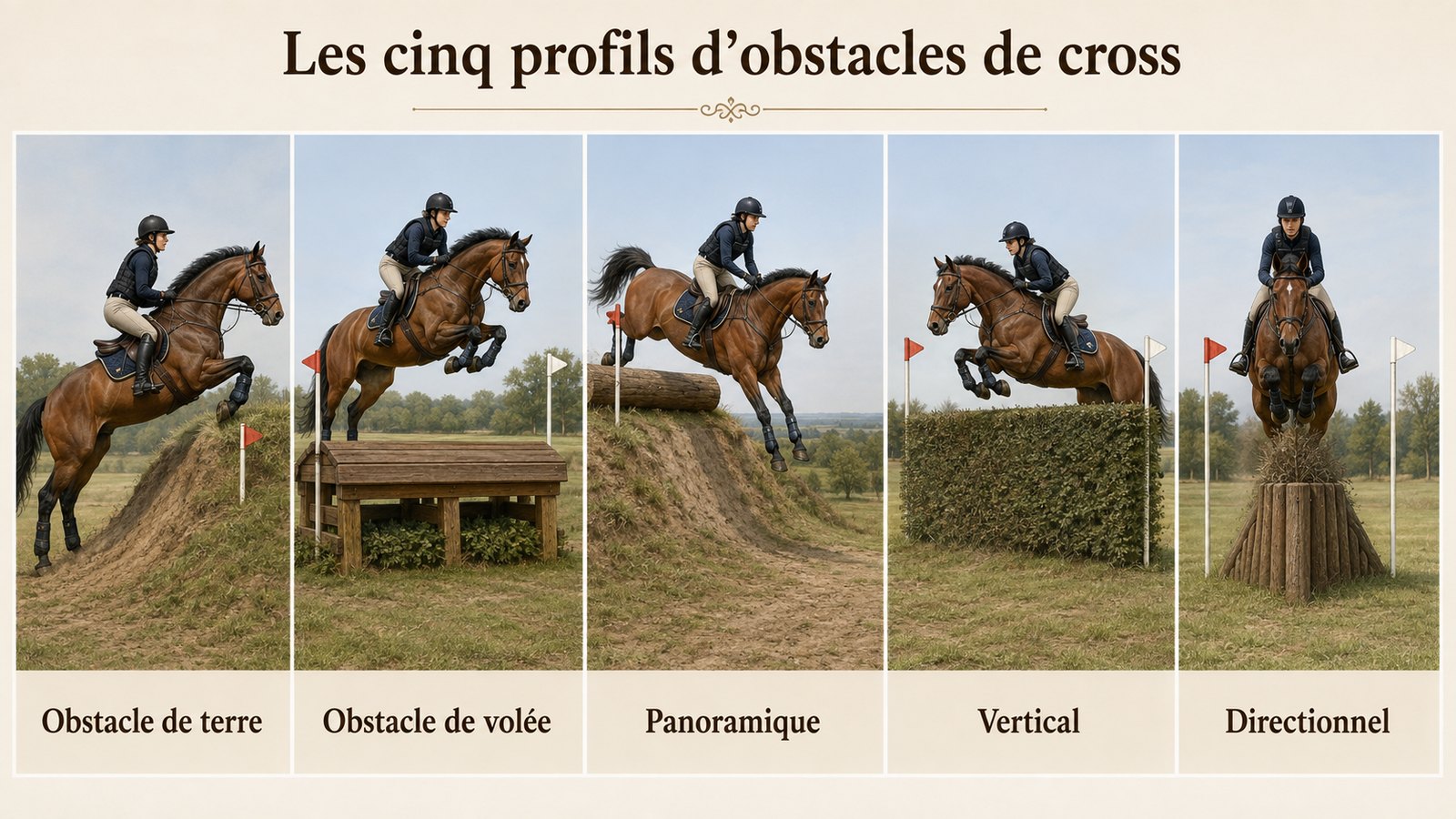 Les cinq profils d'obstacles de cross : obstacle de terre, obstacle de volée, panoramique, vertical et directionnel