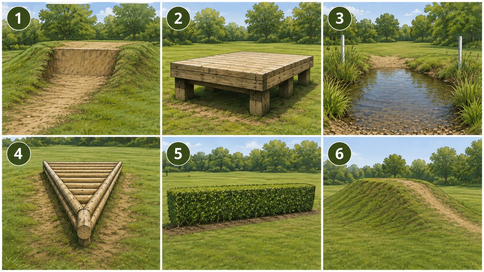 Exercice : six obstacles de cross numérotés de 1 à 6, sans leur nom